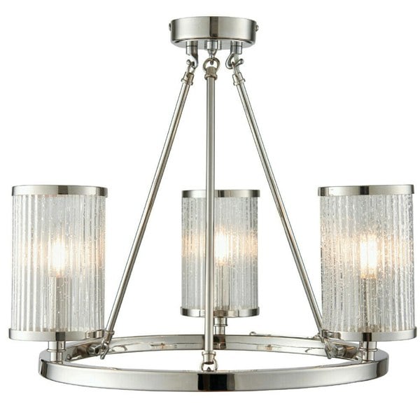 3 Light Chandelier Pendant Nickel Ribbed Glass Shade Hanging Ceiling Lamp Holder Loops