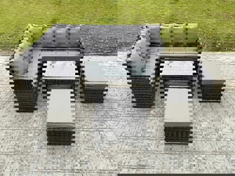 Fimous Rattan Garden Furniture Sets High Back Corner Sofa Oblong Coffee Table Set with 2 Big Footstool Dark Grey Mixed