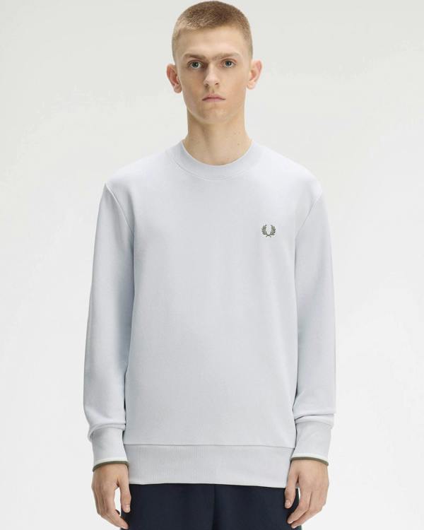 Fred Perry Mens Crew Neck Sweatshirt - Dusky Blue/Ecru/Laurel Wreath Green 80B | CHO | Designer Mens Sweatshirts