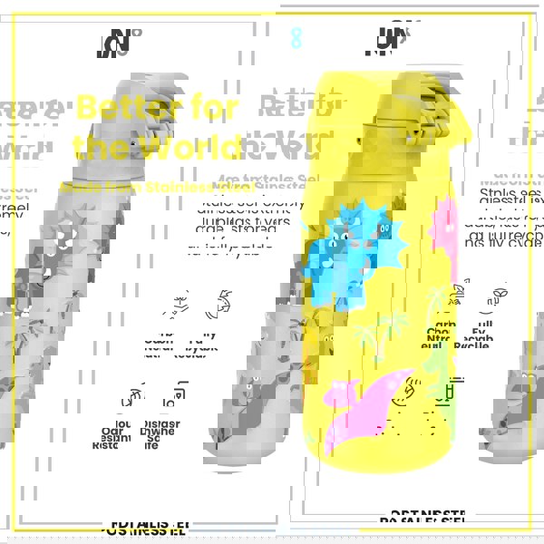 ION8 Leak Proof Kids Water Bottle, Stainless Steel, Dinosaurs, 400ml (13oz)