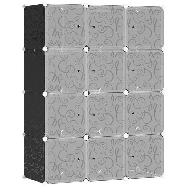 Modular cube wardrobe cabinet with dark and gray patterned panels and white connectors