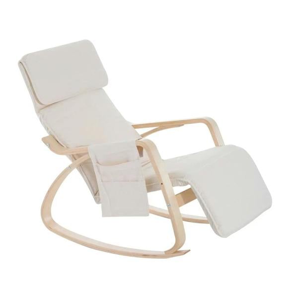 Cream white rocking lounge chair recliner with adjustable footrest, headrest, and thick cushions