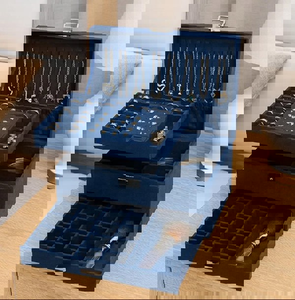 Modcraft 3-Layer Blue Jewellery Box with Lock, Drawer Organizer for Rings, Earrings & Necklaces