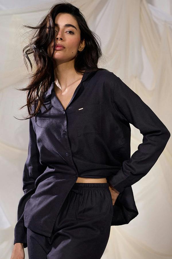 Pretty You London Cotton Modal Long Pyjama Set in Raven