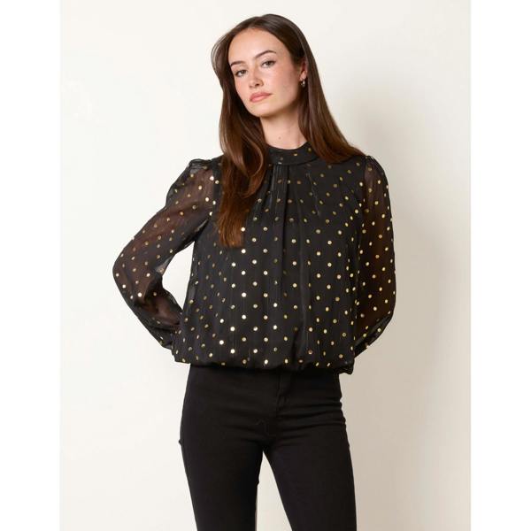 Blue Vanilla Metallic Polka Dot Puff Ball Blouse