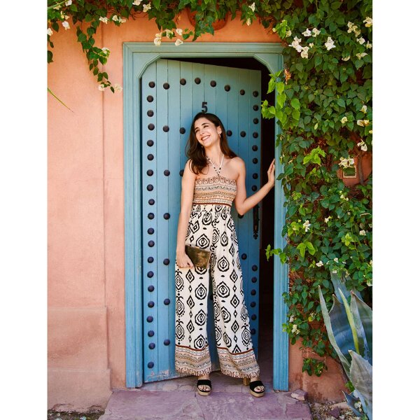 Blue Vanilla Print Strapless Bandeau Shirred Jumpsuit