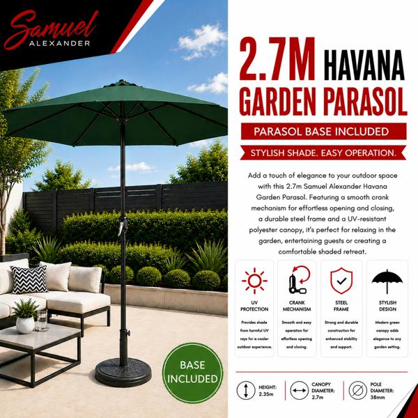 Samuel Alexander 2.7m Havana Garden Patio Parasol with Crank Handle in Green with 9kg Base Included