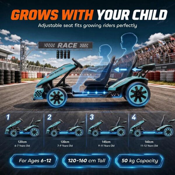 24V Electric Go Kart for Kids 6-12 Years with Drift Mode, Adjustable Seat, 3 Speed, Slow Start, Light Blue