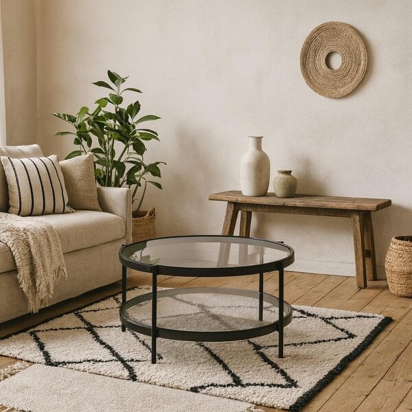 Wyld Haus Featheroak Grey Glass Round Coffee Table Black Metal Legs