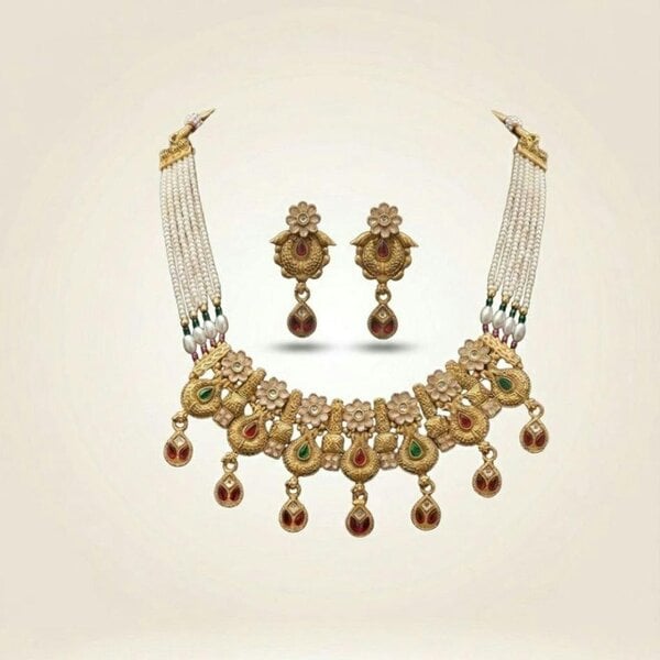 The Colourful Aura Gold Antique Kundan Paisley Choker Necklace Set with Pearl Chain and Earrings