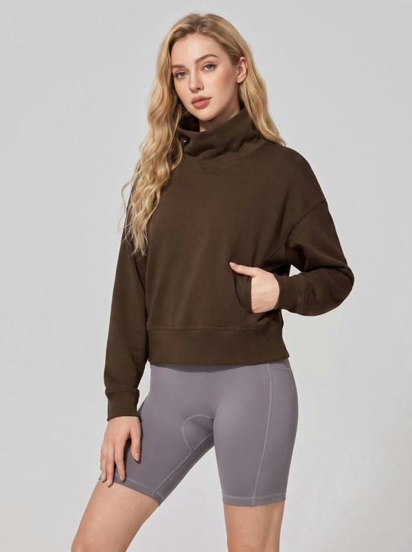 Anniou Cropped Mock Neck Pullover Sweatshirt - Coffee