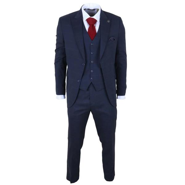 TruClothing IM54 - Men's Navy Blue Check Tailored Fit 3 Piece Suit