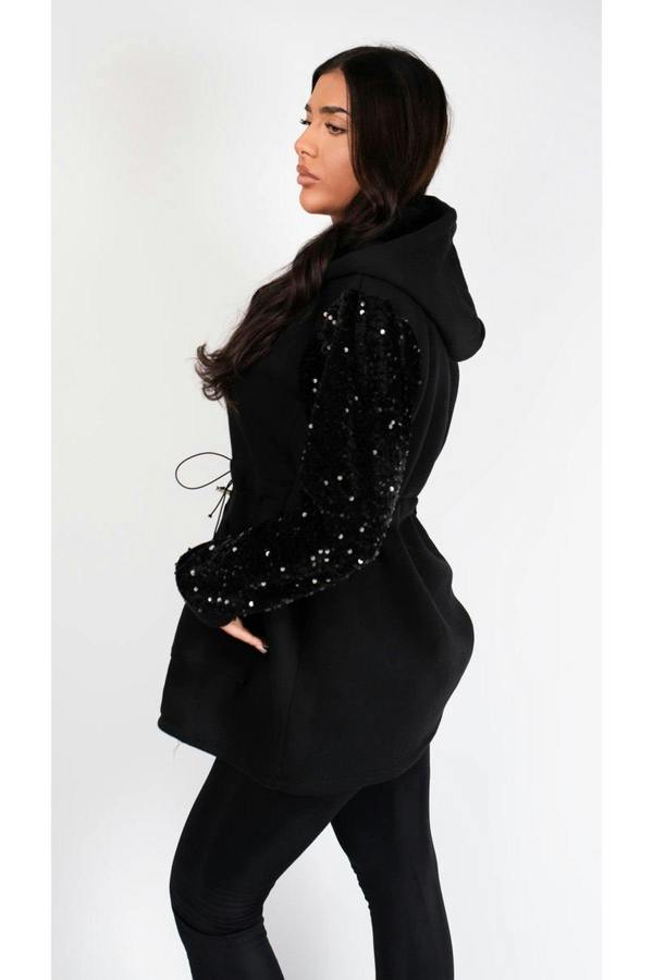 Evalora Zip Up Hoodie With Sequin Sleeve Detail - Wine