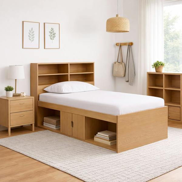 Kudlhome Low Single 3ft Cabin Bed with Bookcase Headboard, Oak Effect