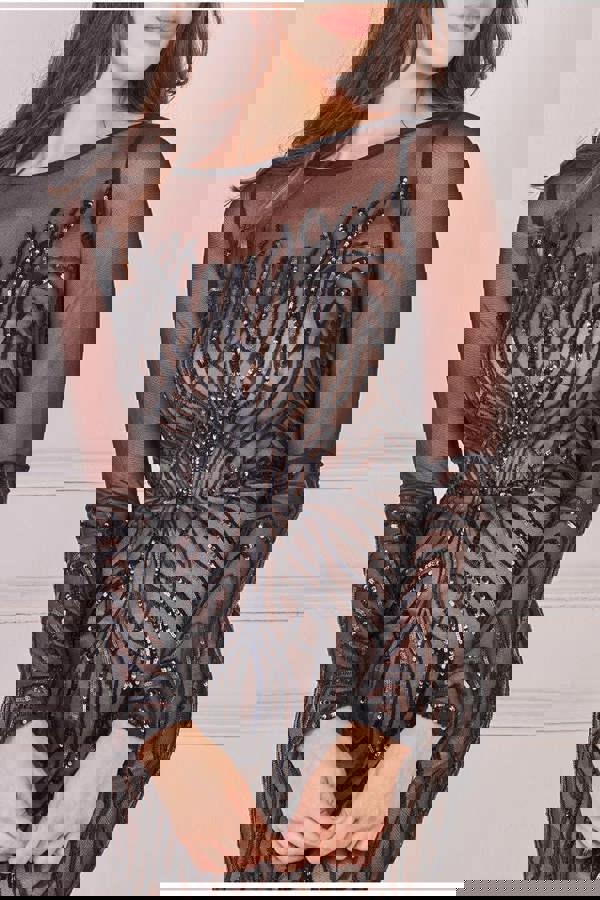 Long Sleeve Sequin Flame Maxi - Solid Black DR3486