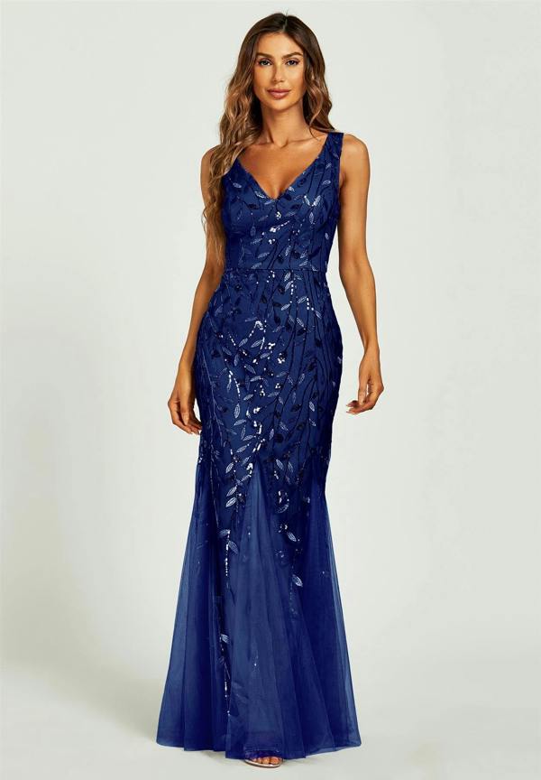 FS Collection Sequin Leaf Detailed V Neck Bridesmaid Maxi Dress In Navy
