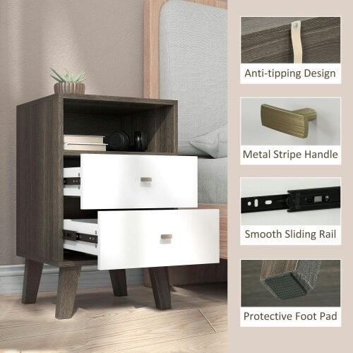 Wyld Haus Cosana Grey and White Scandinavian Bedside Table With Drawers And Open Shelf