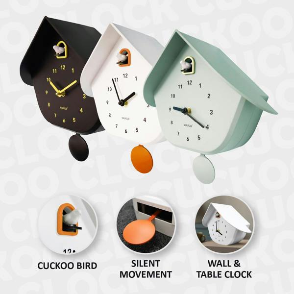 WALPLUS WC2165 Walplus White Cuckoo Wall Clock with Orange Accents & Pendulum, Modern Minimalist Battery Operated, 32.5cm