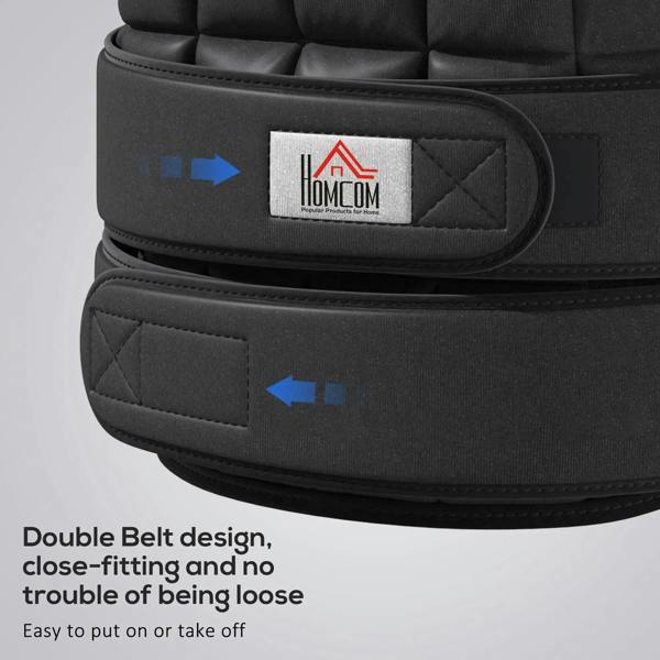 Black weight vest close-up of double-belt strap system and logo patch