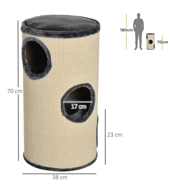 Beige cat scratching barrel with dark plush top perch and two oval side openings, size view