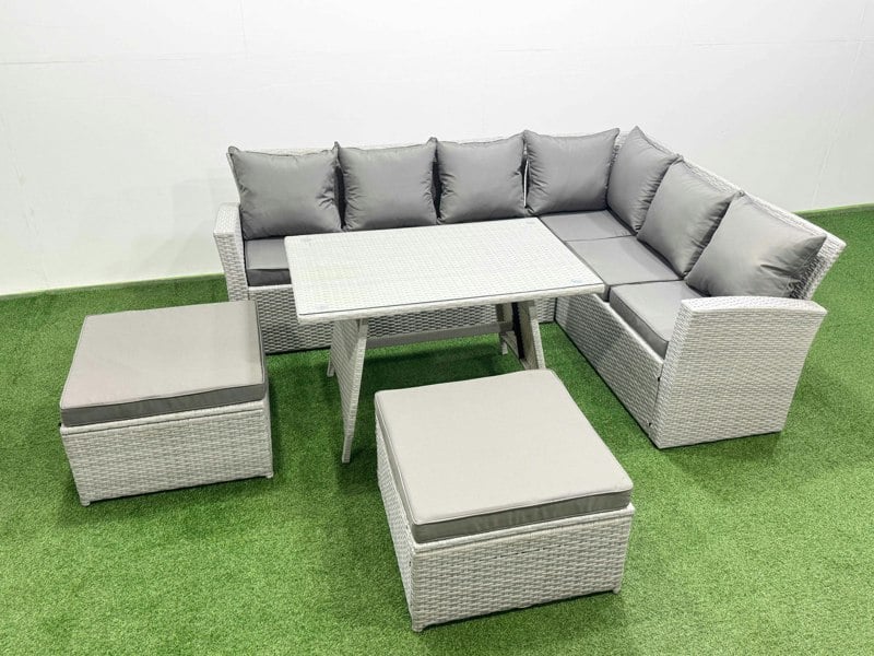 Fimous 8 Seater Garden Outdoor Rattan Furniture Set Rattan Corner Sofa Oblong Dining Table Set with 2 Big Footstools Light Grey Mixed