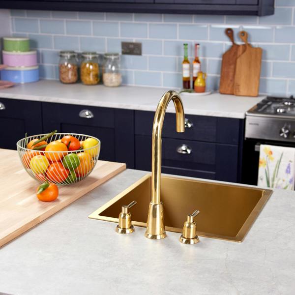 Flode Narvik | Dual Lever 3 Hole Kitchen Tap | Polished Brass Finish