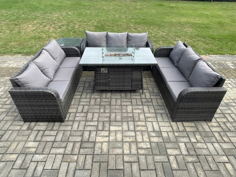 Fimous Rattan Furniture Garden Dining Set Gas Fire Pit Table With Side Table 3 Seater Sofa Dark Grey Mixed