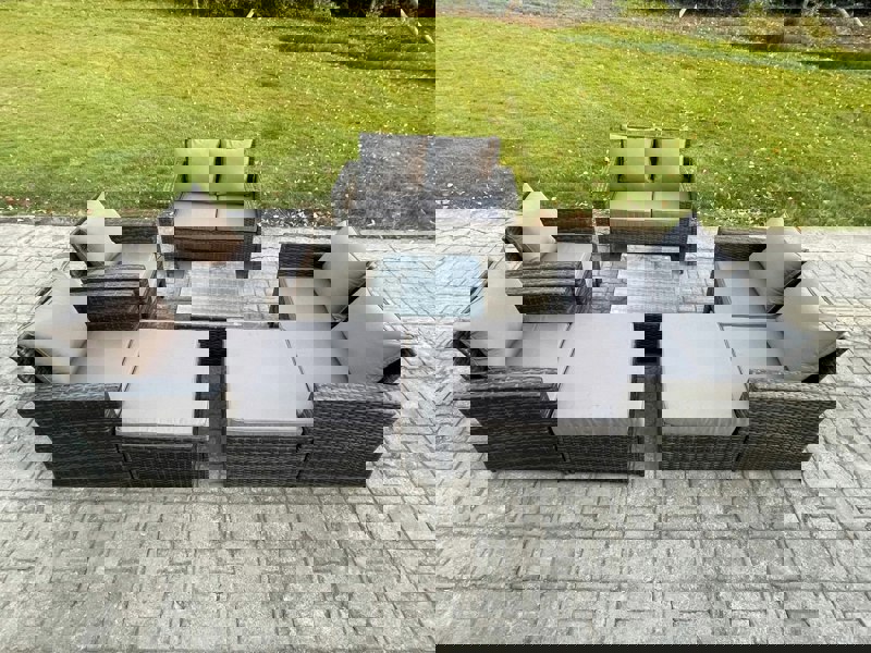 Fimous Rattan Outdoor Garden Furniture Sofa Set Table & Chairs with 2 Big Footstool Dark Grey Mixed