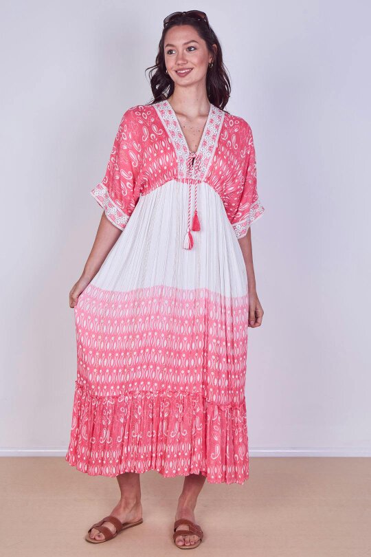 Boho Embroidered Maxi Dress with Tassel Tie – One Size (UK 8–14)