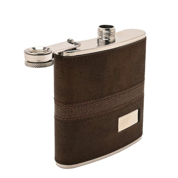 Harvey Makin 6oz Dark Brown PU Wrapped Stainless Steel Flask Set with Funnel