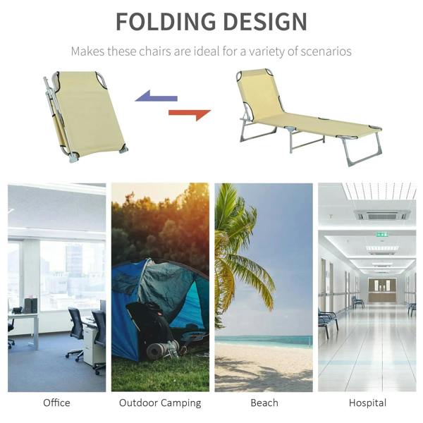 Beige folding sun lounger chair shown folded and reclined