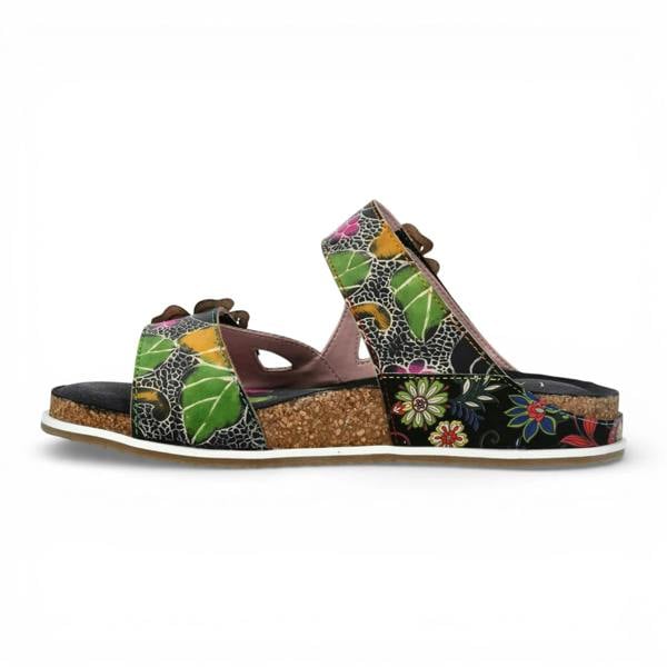 Laura Vita Brcyano 32 - Women's Black Floral Leather Strappy Slipper