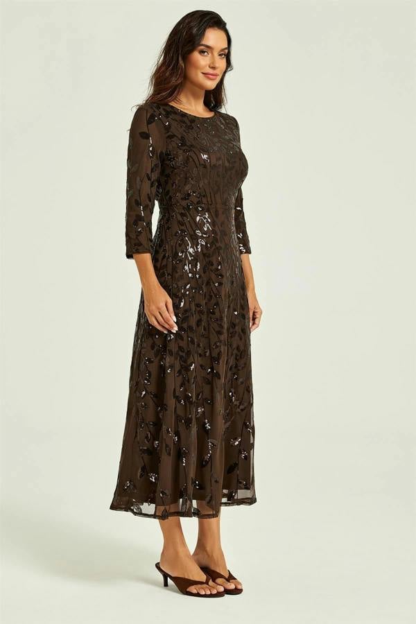 FS Collection Sequin Leaf 3/4 Sleeve Bridesmaid Midi Dress In Brown
