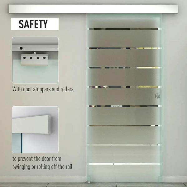 Frosted tempered glass sliding door panel with stripe pattern and top track hardware