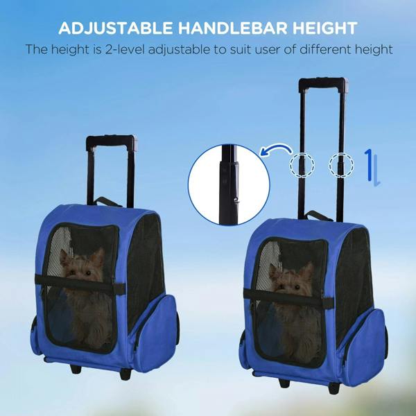 Blue rolling pet carrier backpack with adjustable telescopic handle height