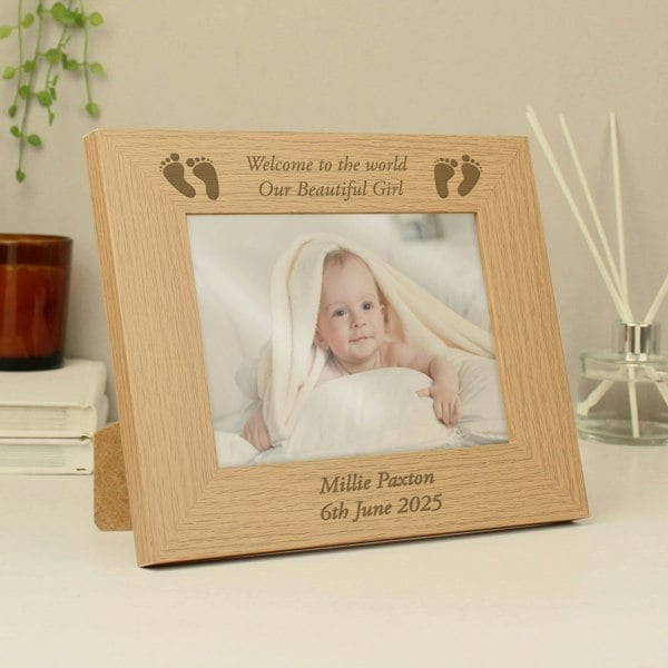 Personalised Memento Company Personalised Baby Feet 5x7 Landscape Oak Finish Photo Frame