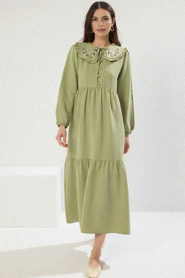 Embroidered Detail Linen Look Shift Midi Dress