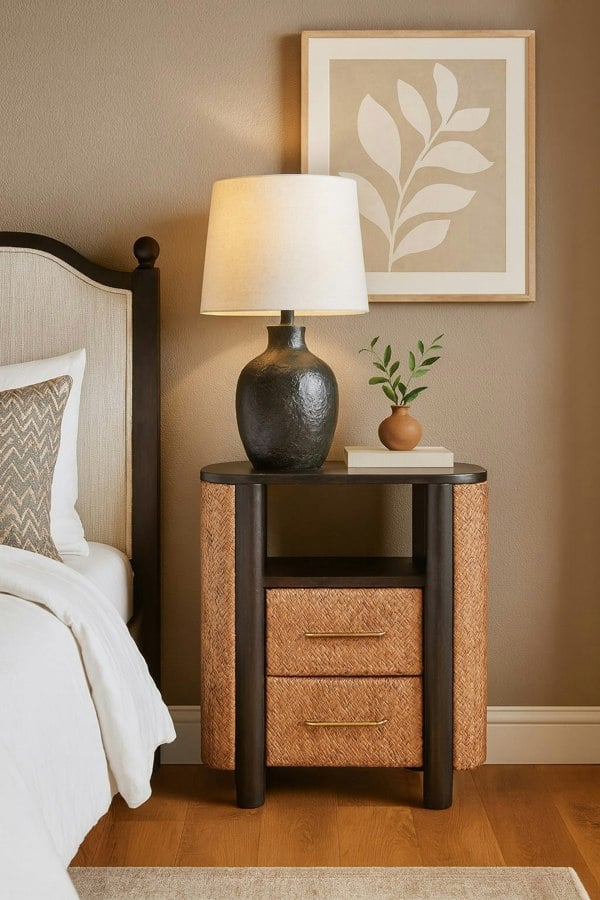 Artisan Furniture Solid Wood Rattan Curve Edge Nightstand