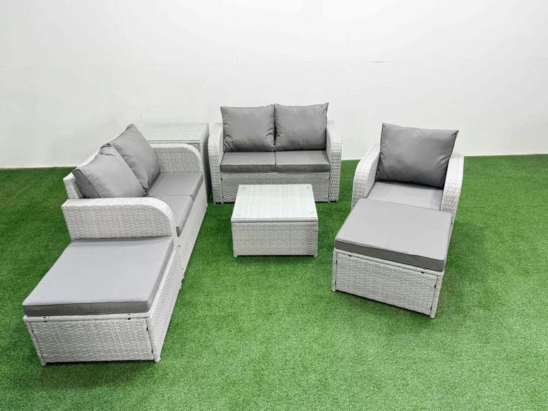 Fimous 2 Big Stool Wicker Set, High Back Poly Rattan, Reclining Loveseat, Square Coffee Table, Indoor Outdoor and Side Table, Light Grey