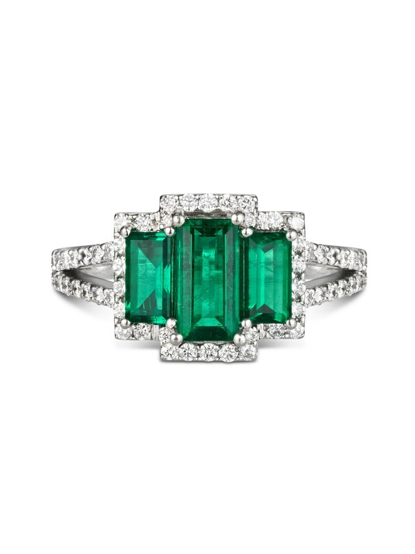 Gemdaia 3 Stone Natural Emerald & Diamond Ring