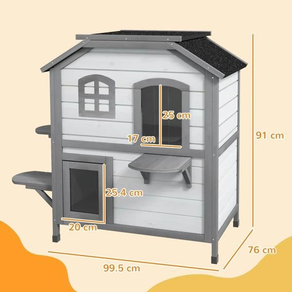 Two-story white cat house size diagram with front opening and escape door