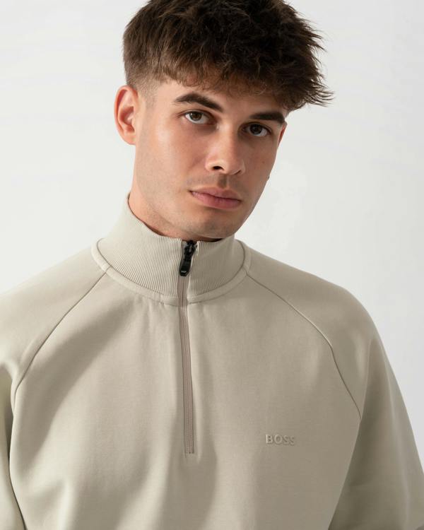 BOSS Green Sweat Mens 1/4 Zip Sweatshirt - Light Beige 272 logo detail
