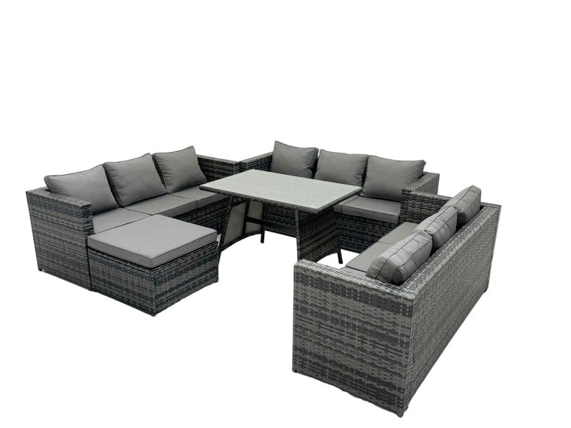 Fimous Outdoor Rattan Garden Furniture Lounge Sofa Set With Oblong Dining Table With Clear Tempered Glass And Big Footstool