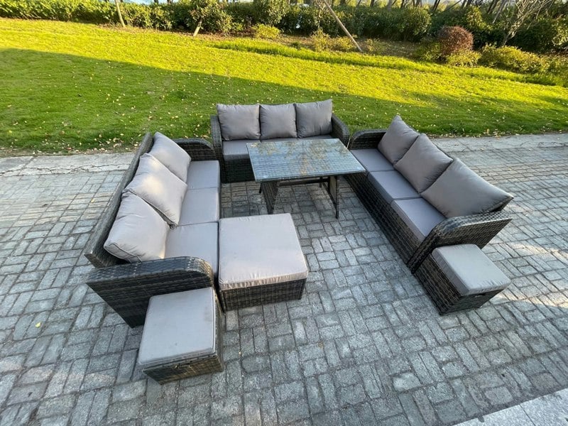 Fimous 12 Seater Wicker Rattan Garden Furniture Set with Rectangular Dining Table 3 Footstools Patio Outdoor Lounge Sofa Set