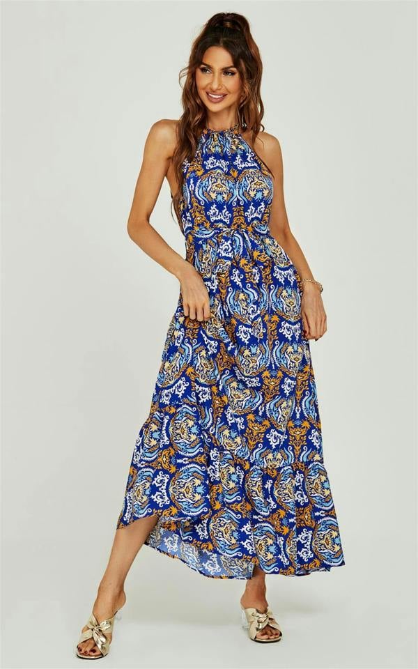 FS Collection Rose Flora Print Halterneck Tiered Maxi Dress In Royal Blue