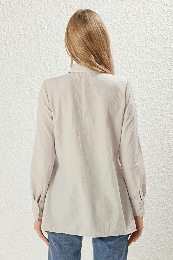 WOVCOR Double-Breasted Woven Shirt with  Pleated Detail