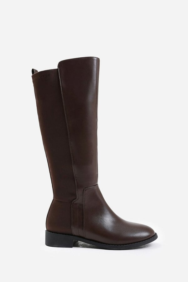 Where's That From Parker Stretch Wide Calf Knee High Boots With Side Zip In Wide E Fit In Dark Brown Faux Leather