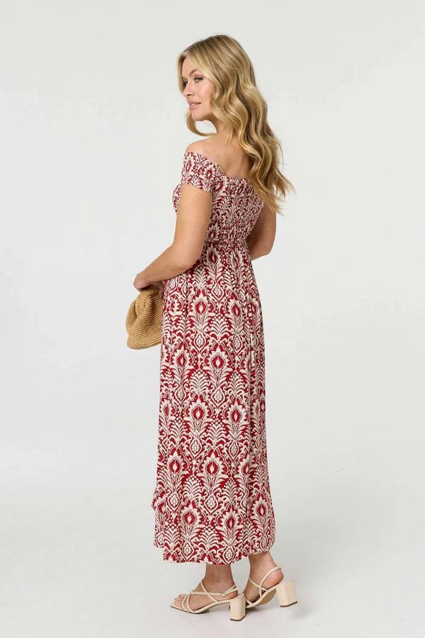 Red | Printed Cap Sleeve Bardot Top Maxi Dress