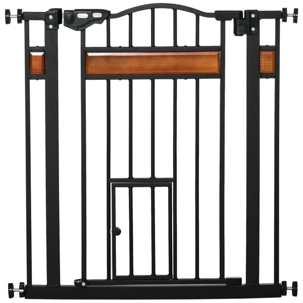 Black pet safety gate with cat flap and auto-close latch, front view with vertical bars