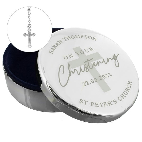 Personalised Memento Company Personalised Christening Round Trinket Box & Rosary Beads Set